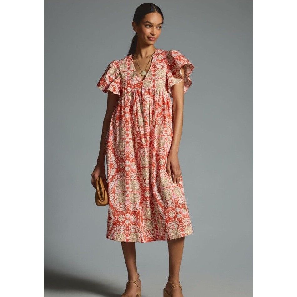 New Anthropologie Maeve Printed Flutter-Sleeve Babydoll Dress Size Small